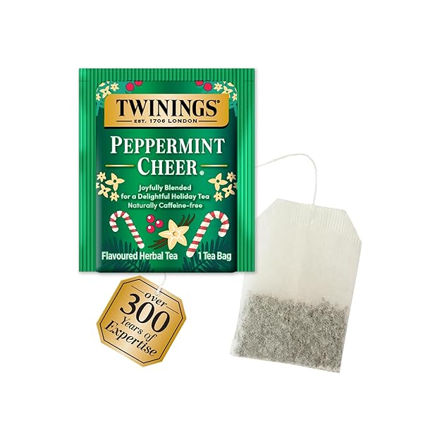 TWININGS PEPPERMINT CHEER HERBAL TEA INDIVIDUALLY WRAPPED BAGS, 20 COUNT (PACK OF 1), PEPPERMINT & VANILLA, NATURALLY CAFFEINE-FREE, ENJOY HOT OR ICED, 20 TEABAGS