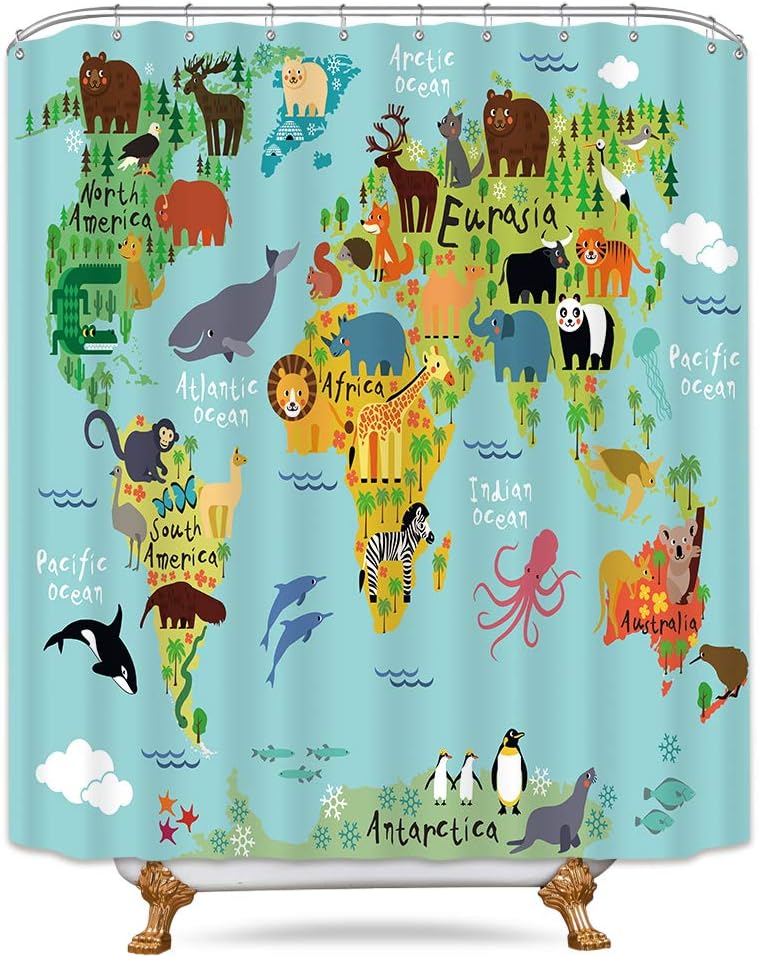 Riyidecor Kids Animal Map Shower Curtain Geography World Educational Children Forest Ocean Blue Colorful Decor Fabric Set Polyester Waterproof Fabric 72Wx72H Inch with 12 Pack Plastic Hooks