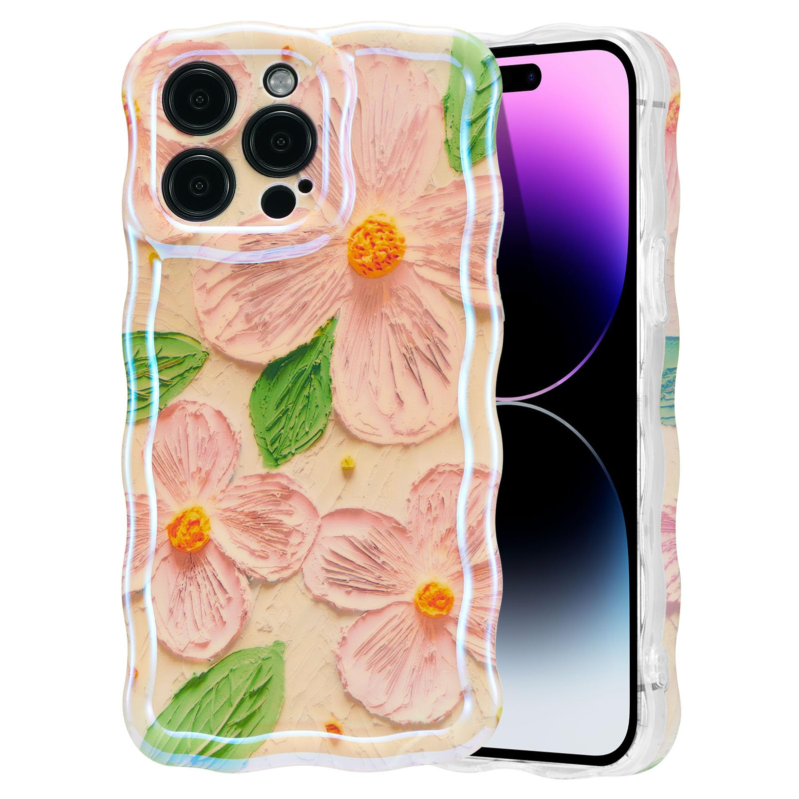 EYZUTAK Case for iPhone 12 Pro, Colorful Retro Oil Painting Flower Leaf Laser Glossy Pattern Cute Curly Wave Edge Exquisite Phone Cover Stylish Durable TPU Protective Case for Girls Women - Pink Green — image 1