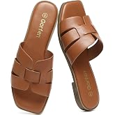 Gorfen Women's Flat Sandals Comfortable Square Toe Slip On Slide Sandals | Comfortable PU leather summer sandals with cushioned footbed and H-shaped upper for work, travel, beach, dinner, and weekends