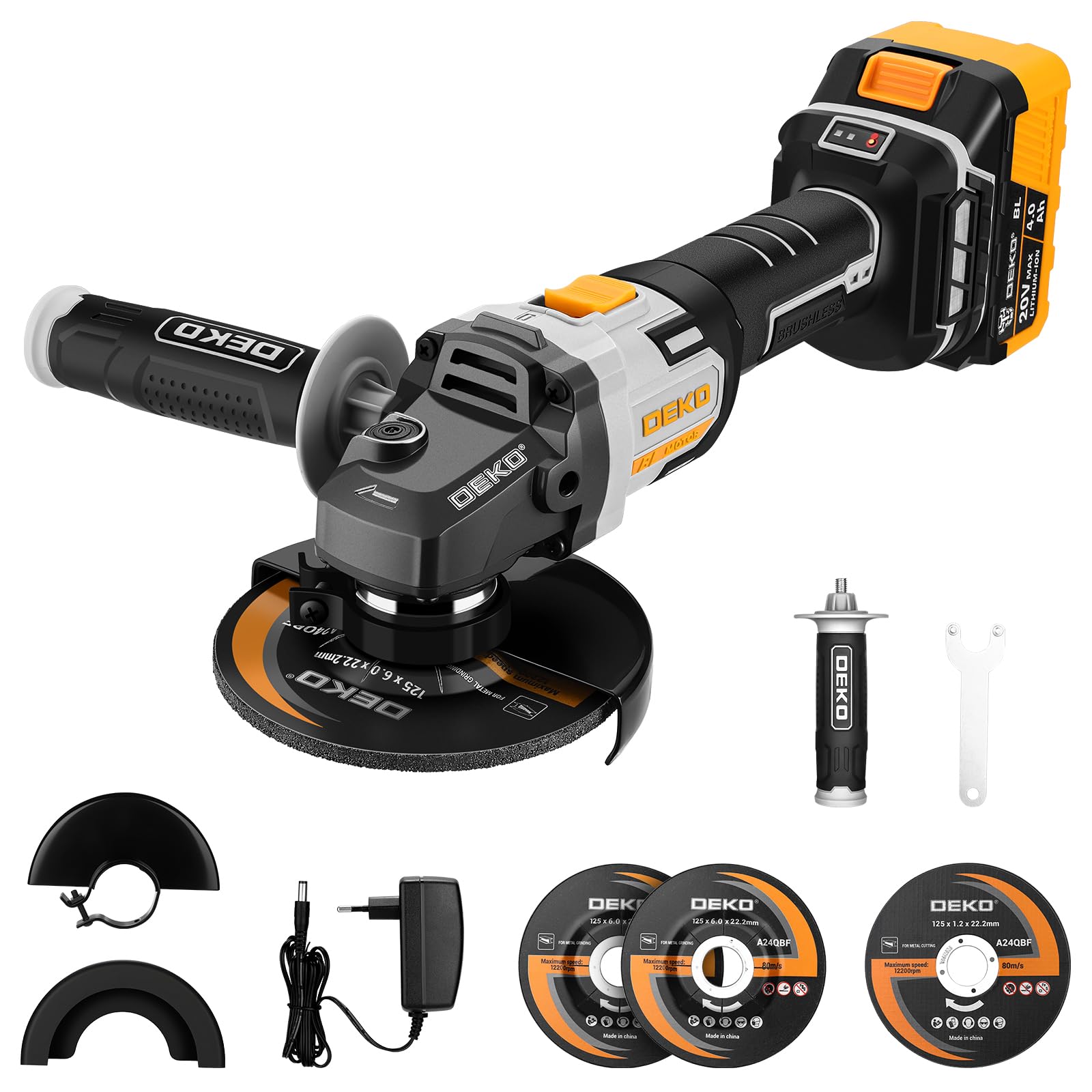Akku-Winkelschleifer 20V Ø 125mm: DEKOPRO Schleifer mit 4.0Ah Akku, bürstenloser Motor, 8500RPM – inkl. 2 Schleif-, 1 Trennscheiben, 2 Schutzhauben, Akku & Ladegerät für Trennen Schleifen Polieren