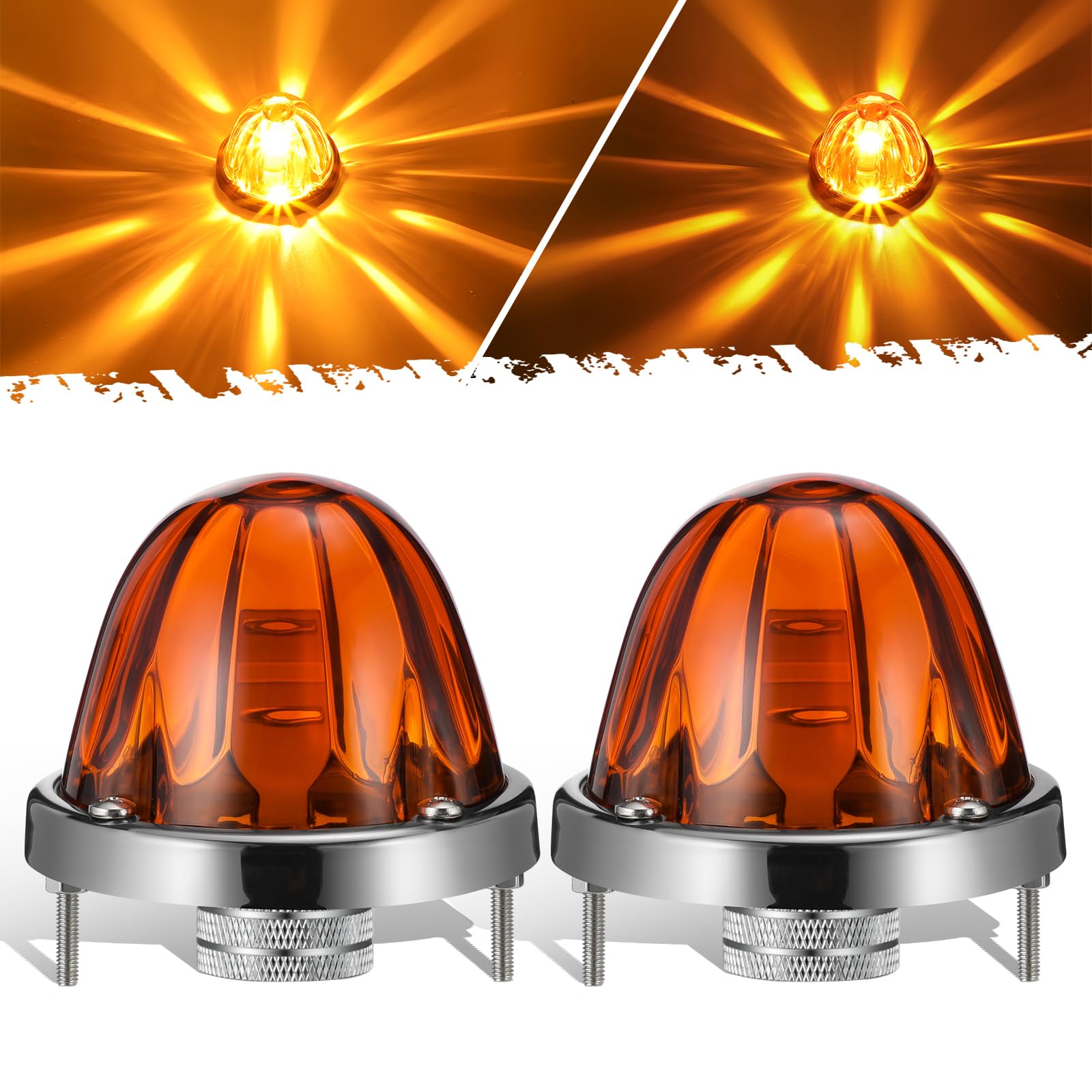 Photo 1 of Partsam 2Pcs Amber Glass Lens Watermelon Lights Amber LED Side Marker Turn Signal Lights with Stainless Steel Bezel Replacement for Kenworth Peterbilt Freightliner