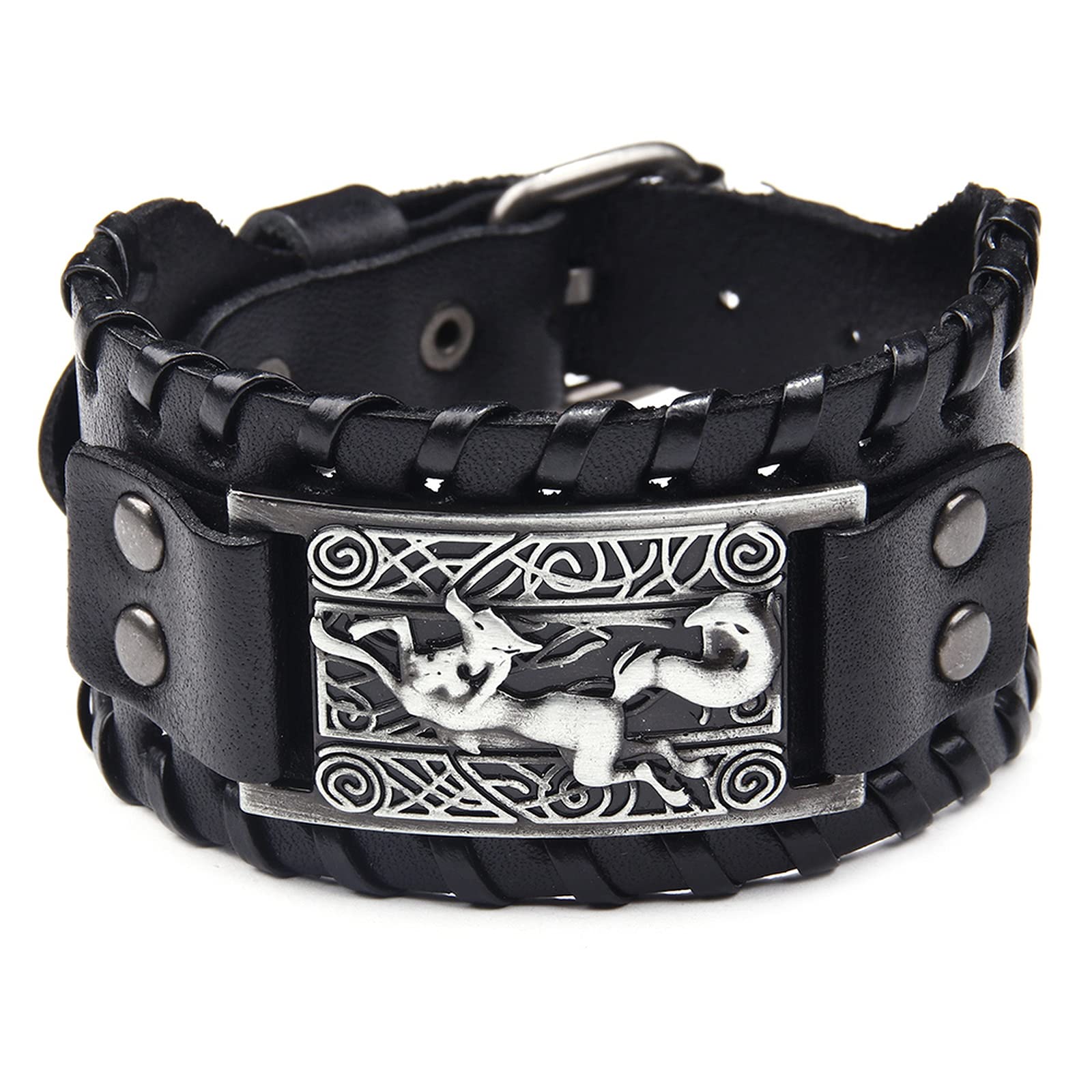 Thajaling Black Leather Bracelet Antique Silver Viking Fox Celtic Knot Irish Cuff Wide Leather Bracelets Punk Style Wristband Bangle Bracelets