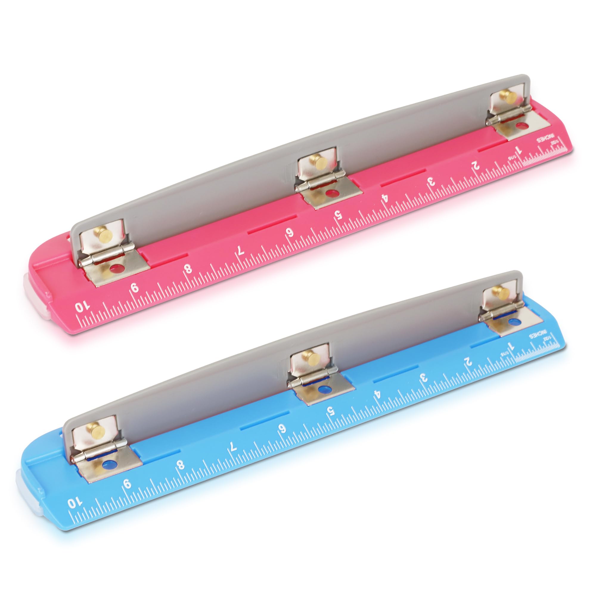 Photo 1 of Darice 3 Hole Puncher 2 Pack - 5 Sheet Capacity Paper Punch with 10" Ruler - 3 Ring Easy-Clean Tray, Portable, Compact - Blue Pink