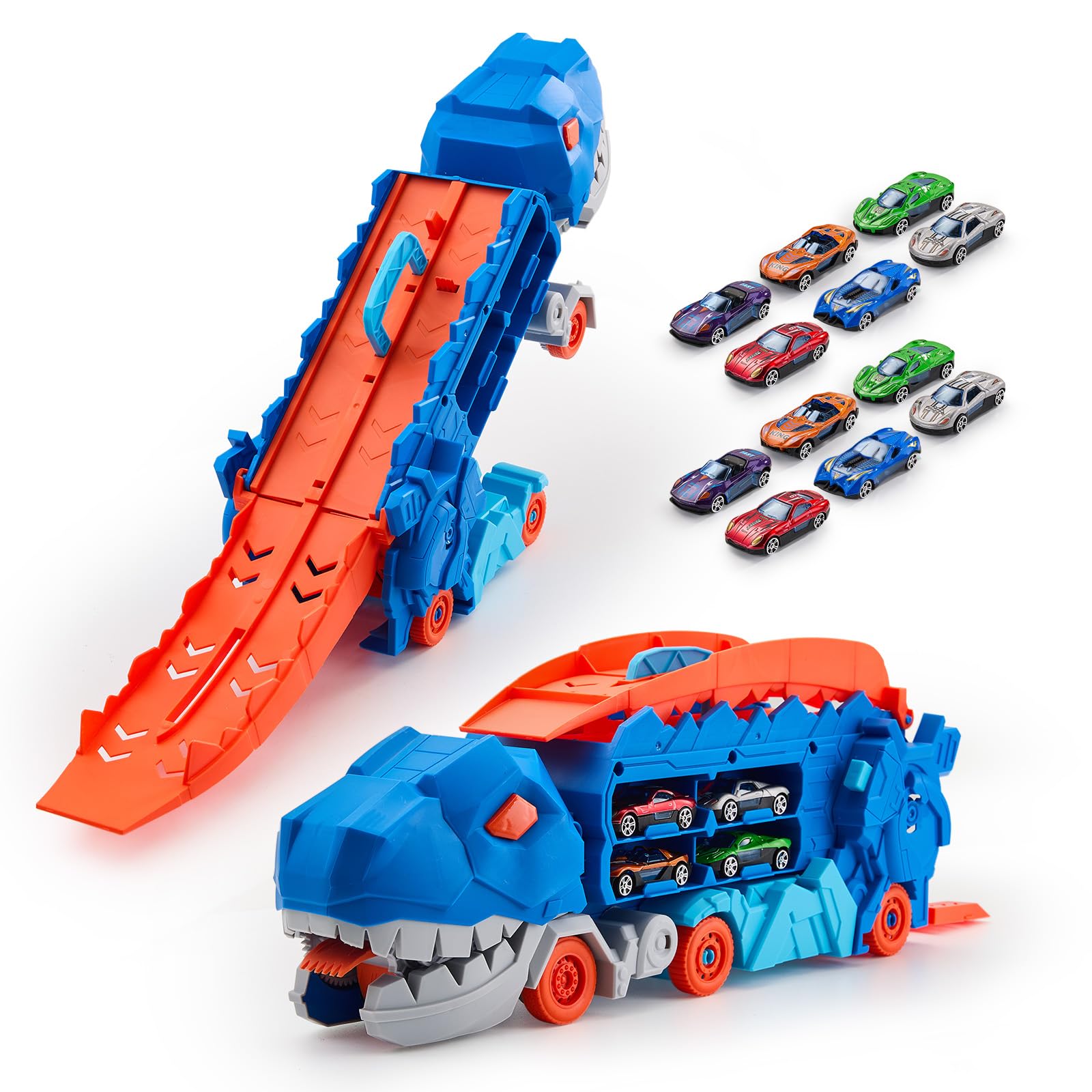 Warmiehomy Dinosaur Transporter Truck Toys with 12 Race Cars for Boys Age 3-8, Foldable Sliding Race Track Car, Portable Swallowing Eating Transformable Carrier Vehicle Gift for Boys Girls