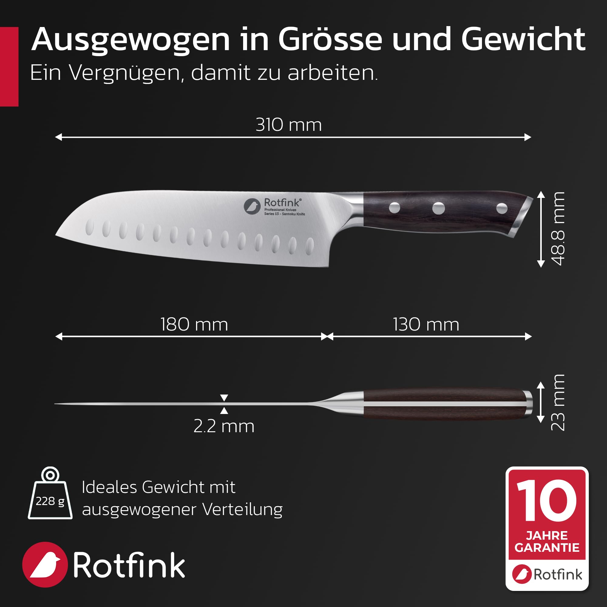 ROTFINK Santoku Messer 18 cm, Profi Küchenmesser scharf, Kochmesser, Fleischmesser, Edelstahl 56-58 HRC, ergonomischer Ebenholz-Griff, 15° Schleifwinkel, Geschenkbox, 10 Jahre Garantie 2