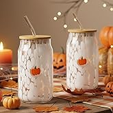 Potchen 2 Pcs Pumpkin Fall Icon Glass Cups 16.9 oz Pumpkin Cups with Lids and Straws Drinking Glasses Set for Thanksgiving Gifts Holiday Party Home Decor Lovely Gifts