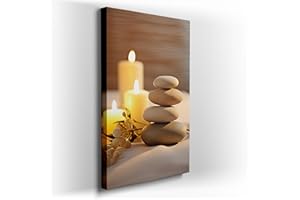 Canvas for Living room. Zen Harmony: Crafting Serenity Through Stone Stacks and Candlelight, 27 x 18 inch Canvas Wall Art - M
