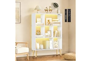 7 Cube Bookshelf with LED Lights, 3 Tier Wooden Bookcase with Legs, Dimmable Touch & Remote Control, Modern Freestanding Disp