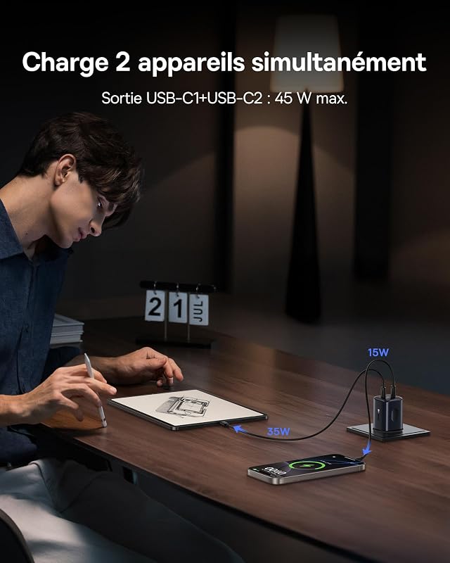 PicoGo II Chargeur USB C 45W, Adaptateur Secteur USB C à 2 Ports, Charge Rapide PD 3.0 PPS Compatible avec iPhone 17/17 Pro Max/16-12, Galaxy S25 Ultra, Pixel, iPad Pro/Air, Steam Deck