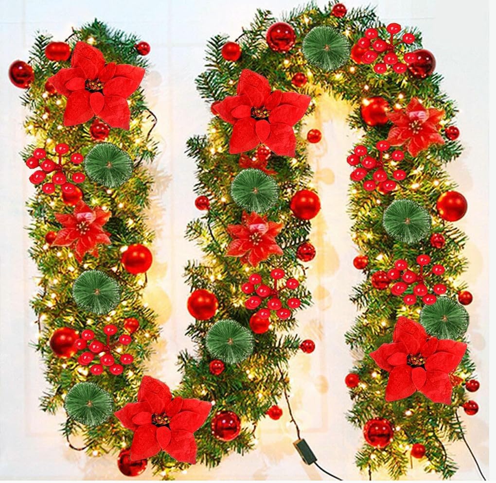 Wreaths, Garlands & Swags - Christmas Garland, 9 Ft Prelit Christmas Garlands with Lights Battery Operated, Artificial Garland Christmas Decoration with Red Flower Snowy Pine, for Fireplace Mantle Stairs Indoor Outdoor Decor