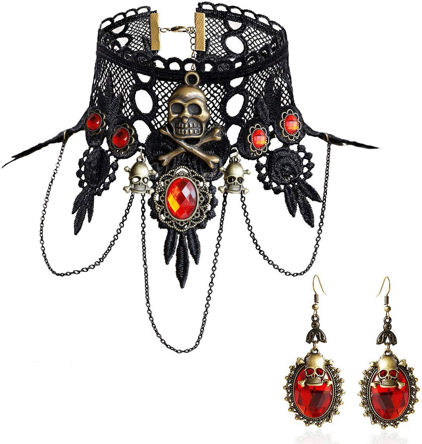 PrettieChoker Necklace Earrings Set for Women Gothic Black Lace Necklace for Halloween Punk Steampunk Costume Party Skull Lolita Victorian Halloween Choker Vampire Pendant