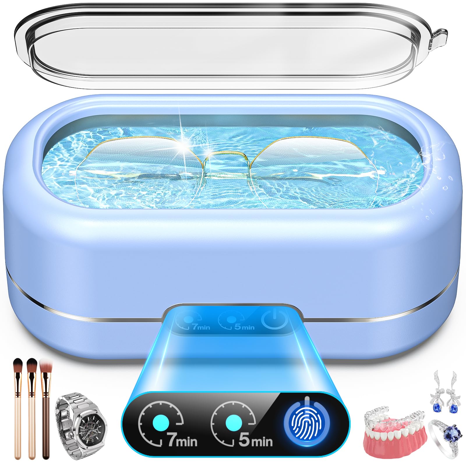 Photo 1 of Professional Ultrasonic Jewelry Cleaner with Digital Timer,50KHz Ultrasonic Cleaner Machine with 304 Stainless Steel for Jewelry,Eyeglasses, Rings, Coin, Watch Strap, Dentures, Hygiene Items (Blue)