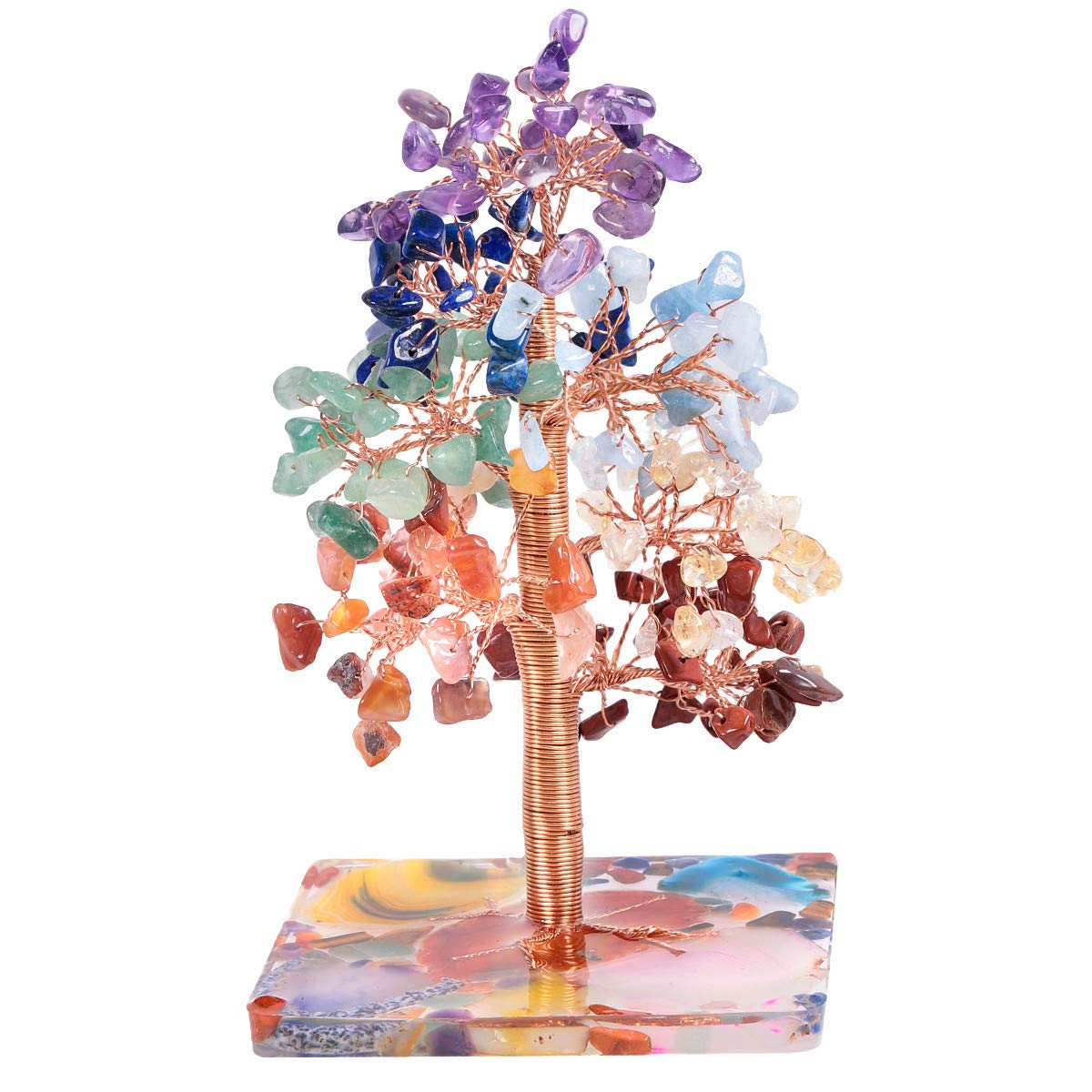 Mookaitedecor Natural 7 Chakra Crystal Tree With Agate Base - Colourful Tree of Life Feng Shui Ornament for Good Luck, Reiki Healing, and Money - Room Decor Gift