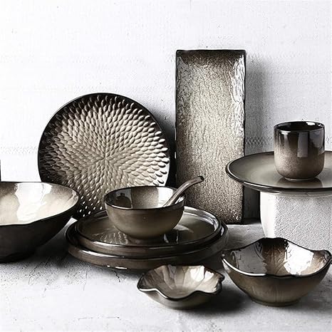 Vajilla Placa de cerámica, niebla negra, creativa cubertería japonesa, plato vintage, tazón