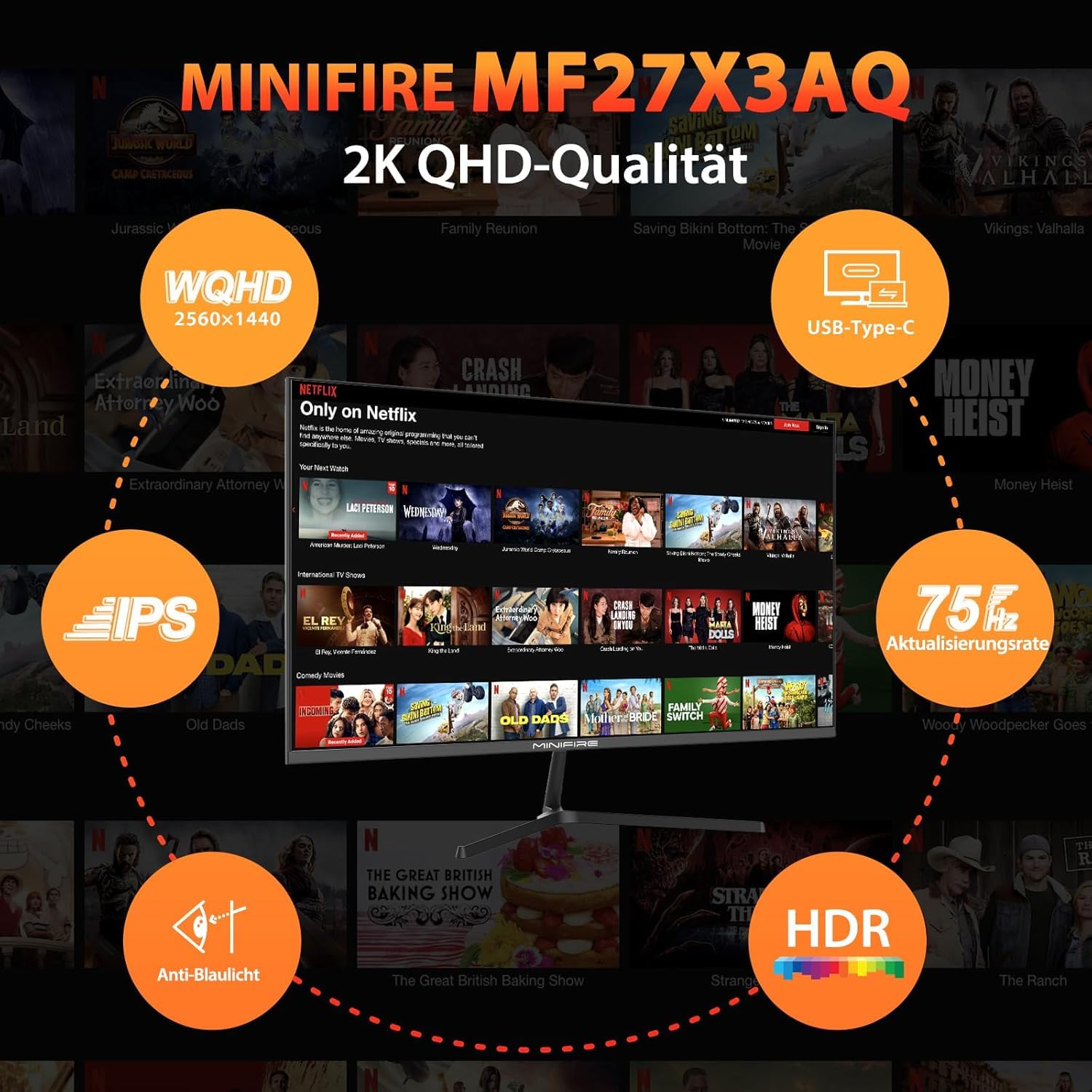 Minifire 27 Zoll Monitor WQHD(2560x1440), IPS, 1ms, FreeSync, 100% sRGB, 75Hz, ltradünner Rahmen, HDMI DP, USB-C Ports, 2 Jahre Garantie -Schwarz 2