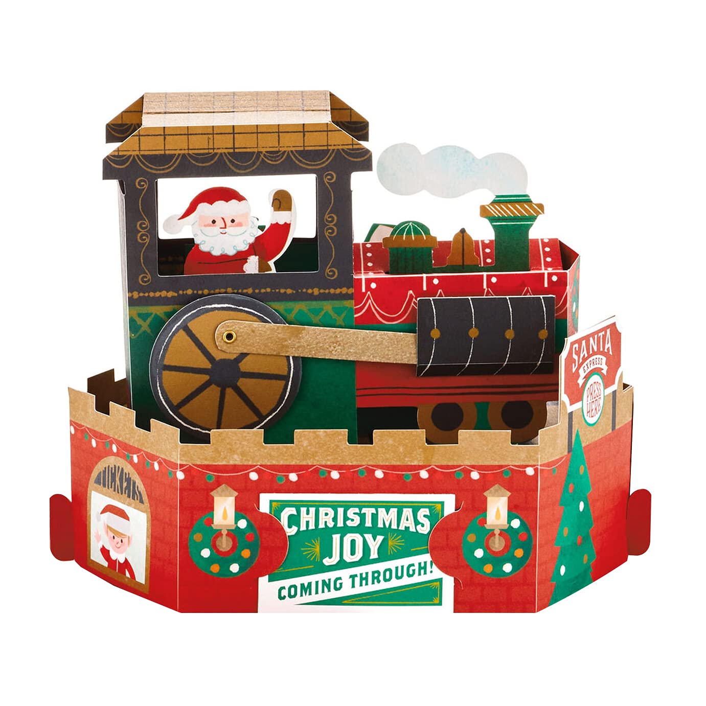 Hallmark Christmas Card, Santa's Polar Express, Musical, Motion Wheel, Pop Up Christmas card, 3D Christmas Card, Red, Green