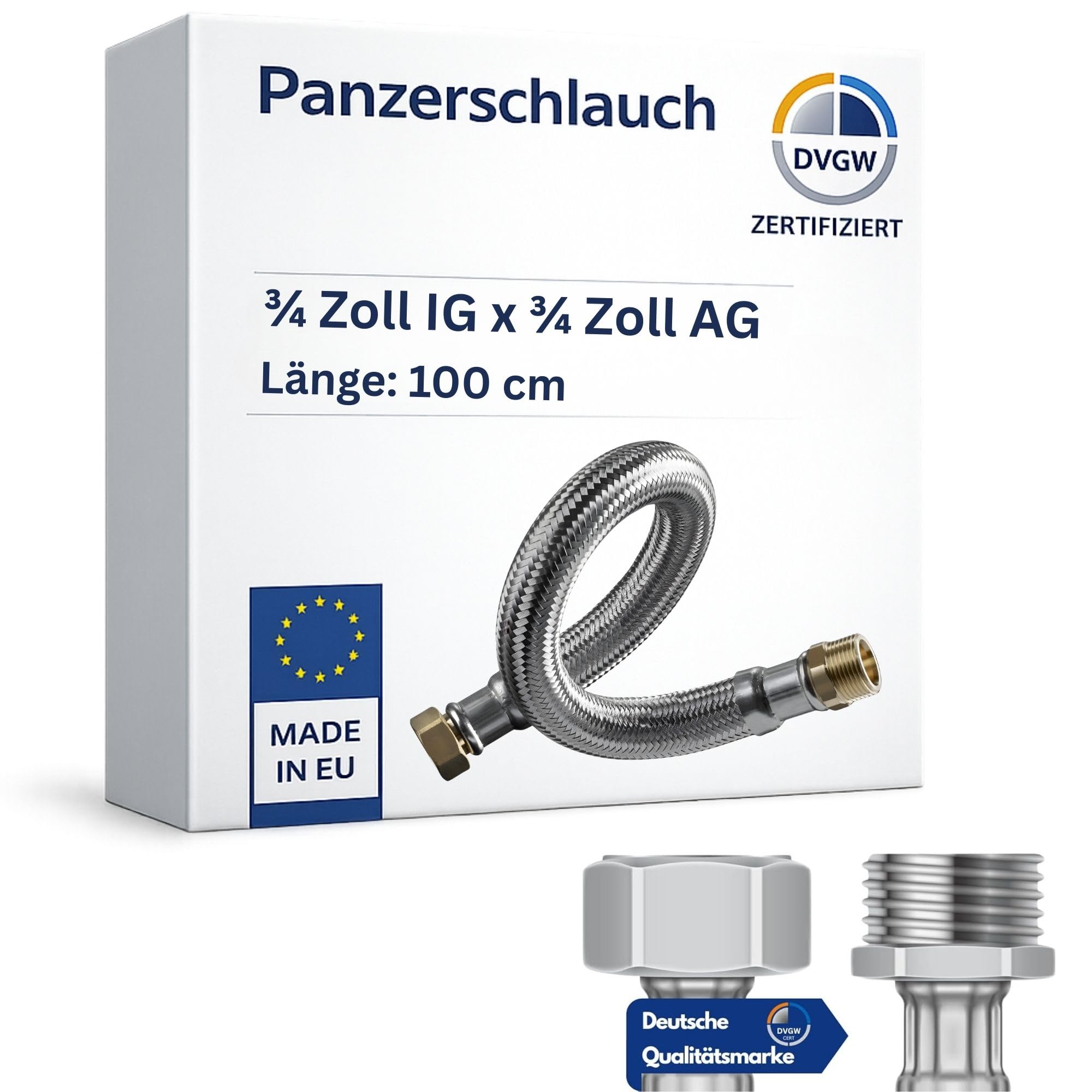 DVGW Reinforced Hose 3/4-1 Inch 30-150 cm, Flex Hose, DN25 & DN19, Water Connection, Heating, Softening System (100 cm, 3/4 Inch Male Thread x 3/4 Inch Union Nut Reinforced Hose)
