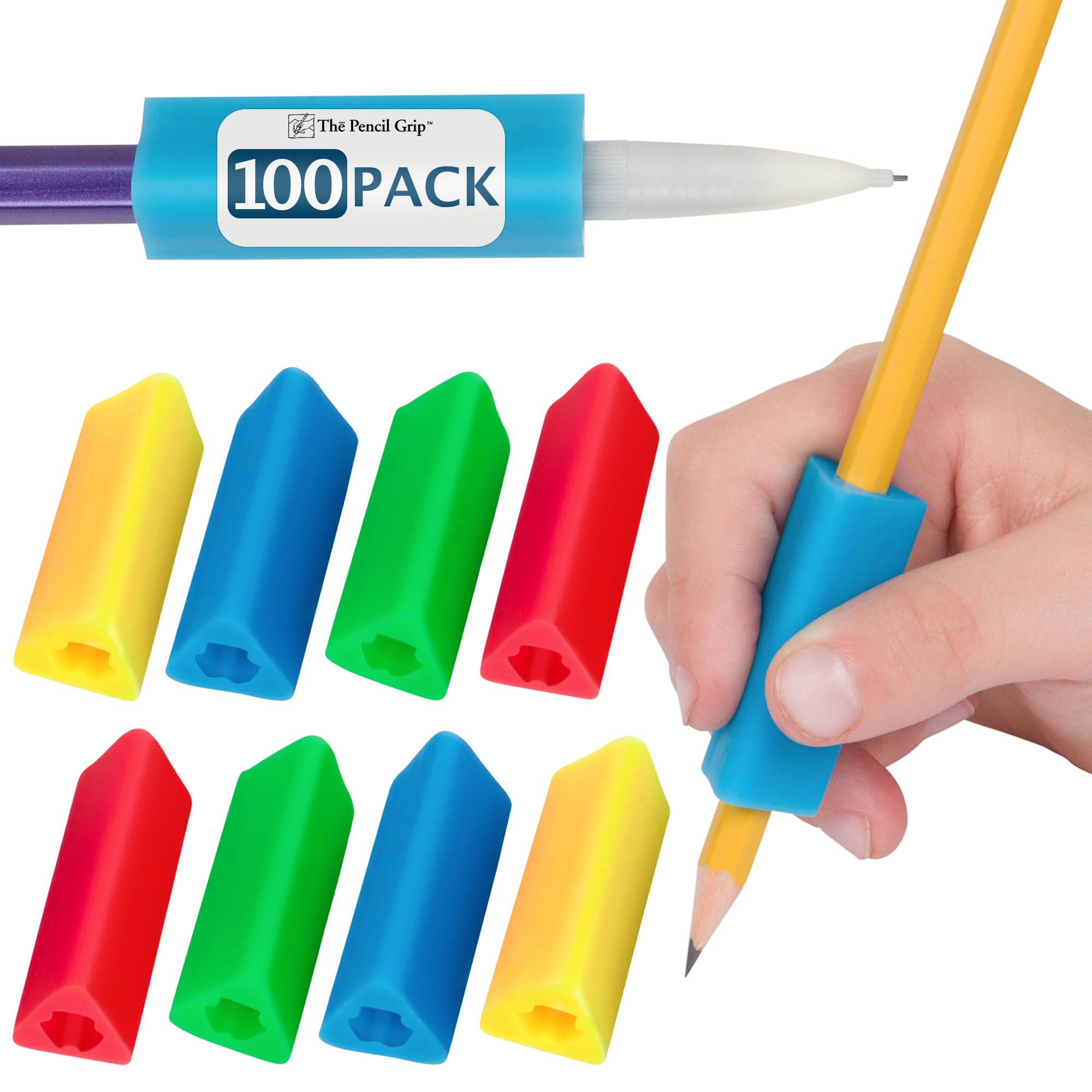 The Pencil Grip- Classic Triangle Grip, Pencil Holder, Ergonomic Writing Aid, Pencil Grips for Kids Handwriting, Perfect for Right or Left Handed Users, Assorted Colors, Pack of 100