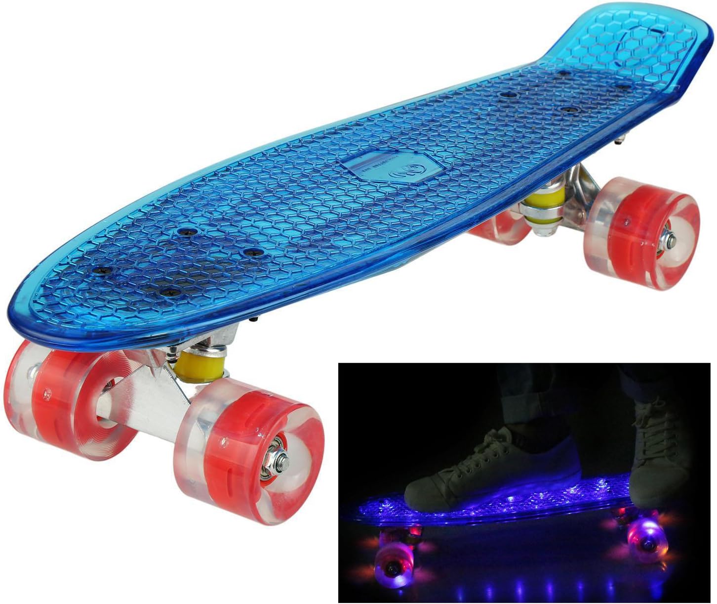 GEESENSS 22" Mini LED Plastics Skateboard Light Up PU Wheels Complete Board for Boys Girls Kids（UK Stock