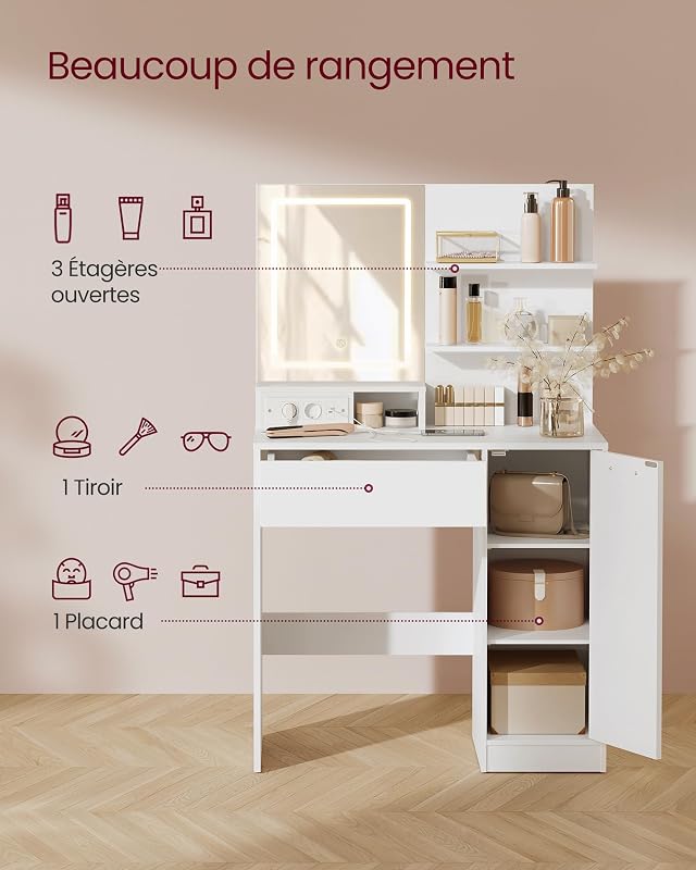 Coiffeuse avec Miroir LED, 1 Tiroir, 2 Étagères, Placard