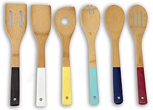 Home Basics Bamboo Cooking Utensils Set with Color Handles, 6-Piece