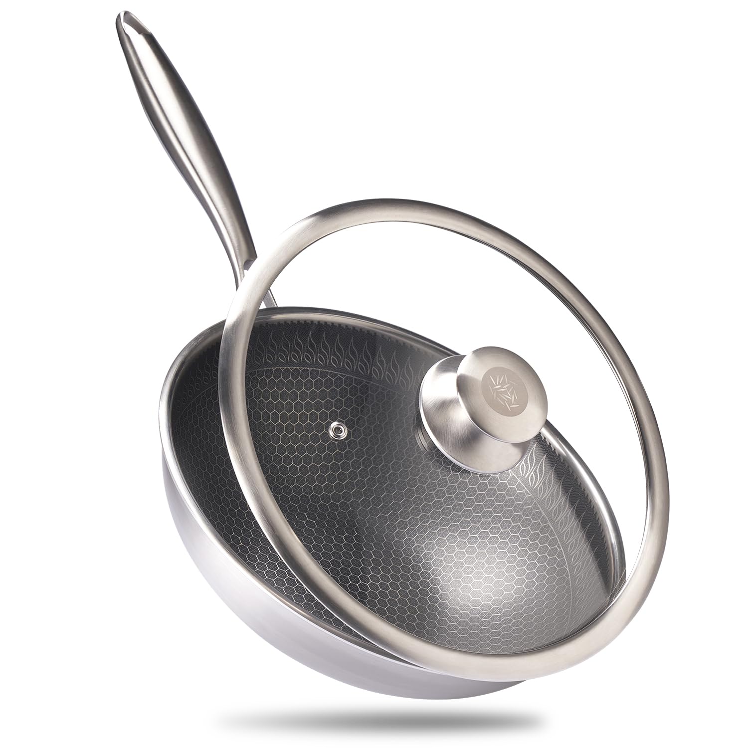Reishunger Premium Wok aus Edelstahl | 28 cm Durchmesser | Mit Glasdeckel | Für alle Herdarten, Induktionsgeeignet | Wabenstruktur mit Antihaftbeschichtung | Spülmaschinengeeignet, Ofenfest