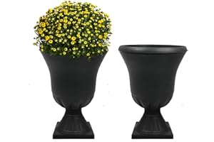 Worth Garden 2-Pack Plastic Urn Planters for Outdoor Plants, 22'' Black Tall Round Classic Resin Traditional Flower Pots - 15 in. Dia. Large Imitation Stone Decorative Pot Patio Deck Front Porch