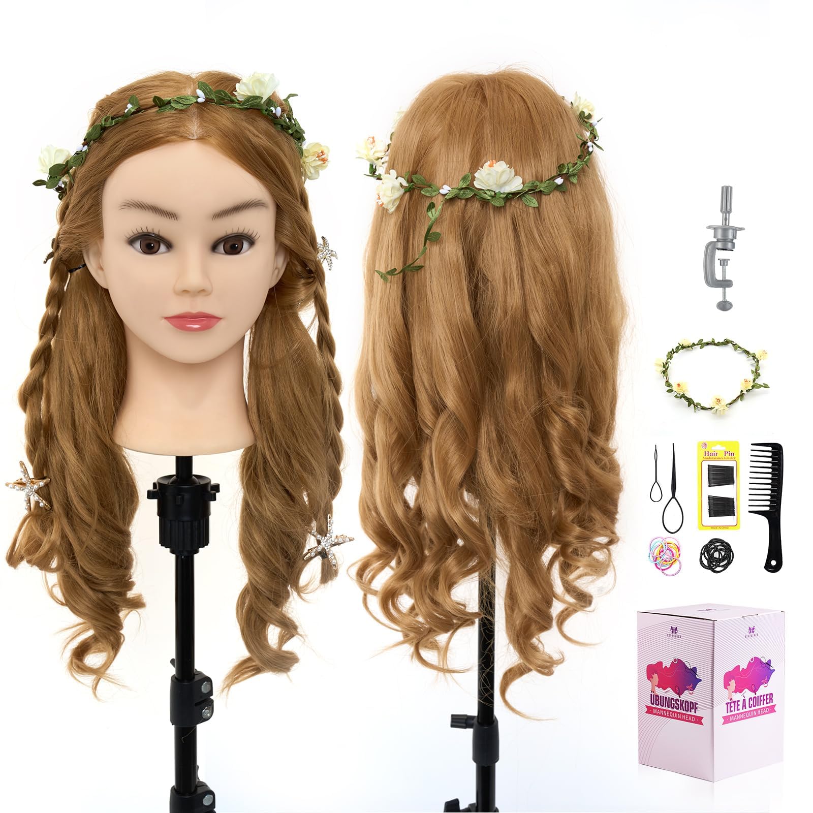 Neverland Beauty 26 inch 60% Real Human Hair Training Head Hairdressing Cosmetology Mannequin Head with Wig Stand Tripod & DIY Hair Styling Braiding Tools