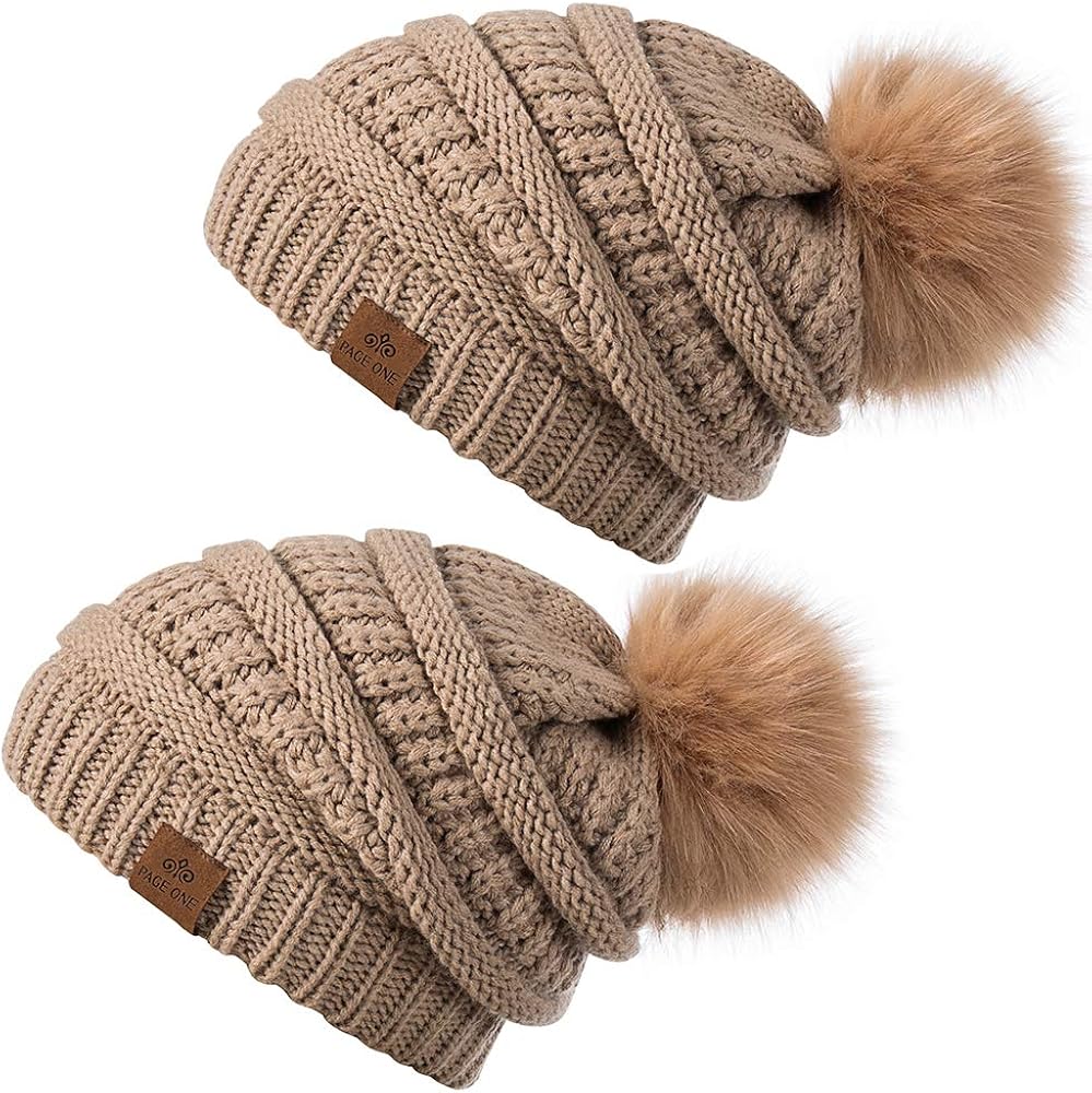 REDESS Knit Beanie Hats Cable Faux Fuzzy Fur Pom Pom Warm