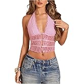 SOLY HUX Women's Lace Sheer Hollow Out Y2k Halter Top Backless Deep V Neck Crop Vest Shirts