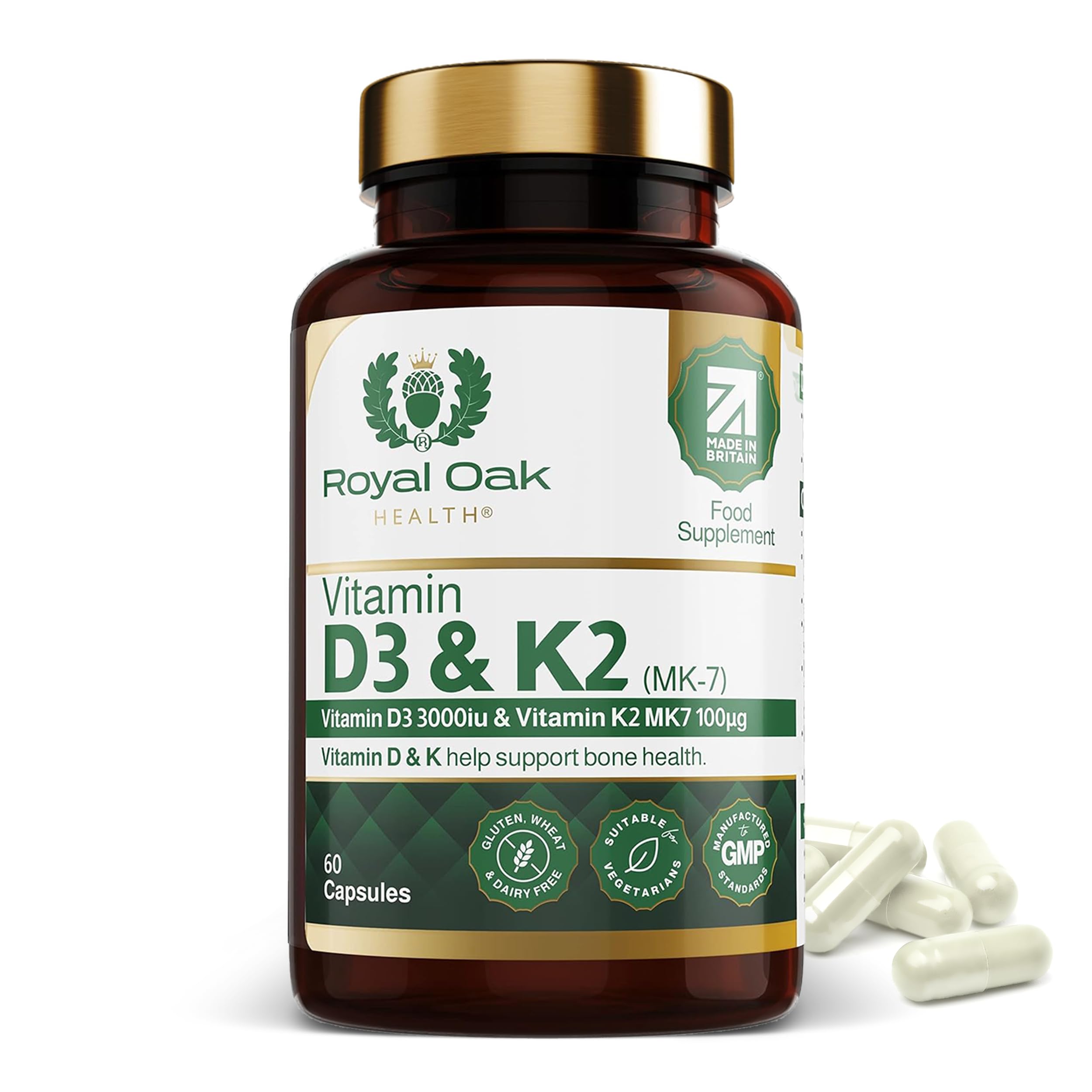 Royal Oak Health Vitamin D3 K2 High Strength MK7 Supplement (Vitamin D 3000 IU + 100mcg Vitamin K2 (MK7), Easy to Swallow Vitamin D3 and K2 Vitamin Capsules… (60 Capsules)