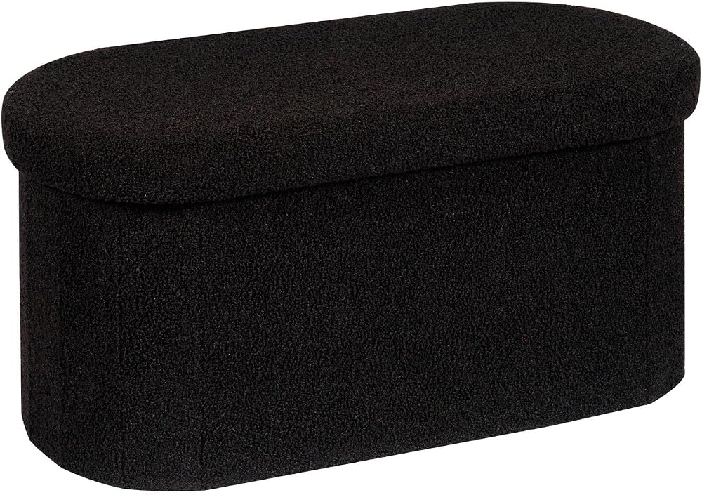 Bonlife Folding Ottoman Storage Bench Boucle Footstool Oval 76x38x38cm Black