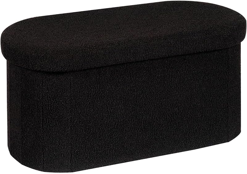 Bonlife Folding Ottoman Storage Bench Boucle Footstool Oval 76x38x38cm Black