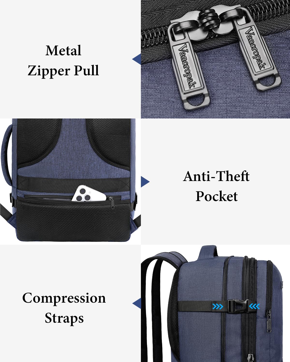 Vancropak Personal Item Backpack for Airlines, Expandable Travel Backpack with 3 Packing Cubes, TSA Flight Approved Carry on Travel Bag, Large Water Resistant Luggage Suitcase bag for Men Women, Blue