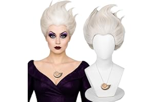Probeauty Short Grey White Wig for Women Silver Layered Sea Witch Cosplay Wigs with Shell Necklace for Halloween Costume Party + Wig Cap