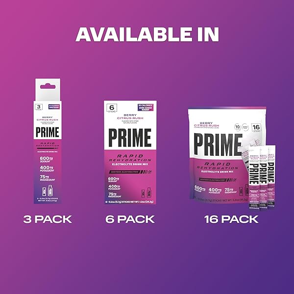 PRIME RAPID REHYDRATION ELECTROLYTE POWDER STICKS, BERRY CITRUS RUSH, SUGAR FREE HYDRATION DRINK MIX WITH SODIUM, POTASSIUM, MAGNESIUM & B VITAMINS TO REPLENISH FLUIDS, CAFFEINE FREE, 16 COUNT