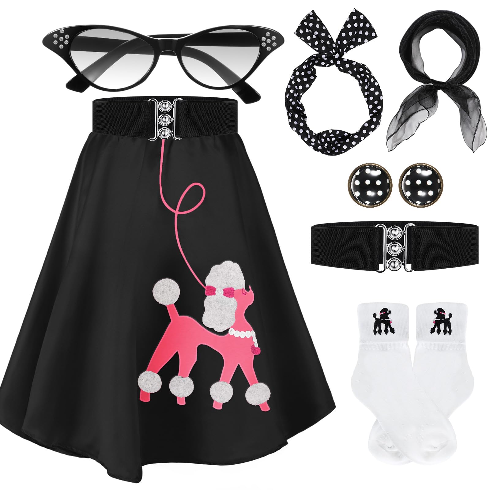 Photo 1 of Breathffy Women 1950s Poodle Skirt Costume Outfit Sock Hop Costume Skirt Scarf Belt Sock Eyeglass(X-Large,Black)