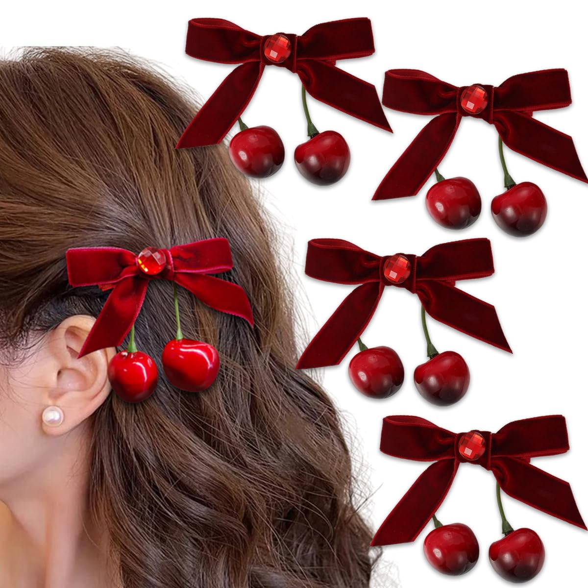 Photo 1 of  Cherry Bow Hair Clip Red Hair Accessories for Women,Velvet Alligator Cherry Hairpins Ponytail Hair Barrettes for Winter Daily Christmas Hair Decoration (red)