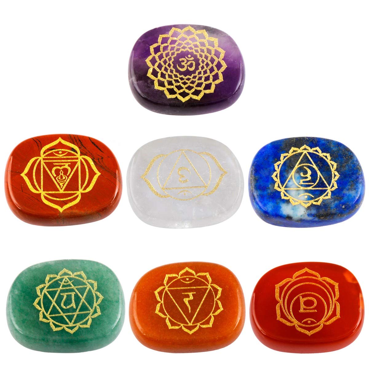 mookaitedecor 7 Chakra Reiki Stones Set, Natural Polished Healing Crystals Quartz Palm Stones Engraved Chakra Symbol Semi Precious Stones for Reiki Meditation Crystal Therapy