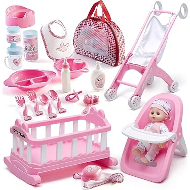 Cochecito De Muñecas La Niña En Polipiel Rosa, Plegable, Para Muñecas De 30 A 42 Cm, Juguete De Imitación Para Niños De 3 Años
