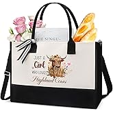 VeloKomo Highland Cow Tote Bag - JUST A GIRL Canvas Handbag Reusable Waterproof Beach Shopping Bags with Zipper Storage Large Bags For Women Girls Friends Birthday Gifts