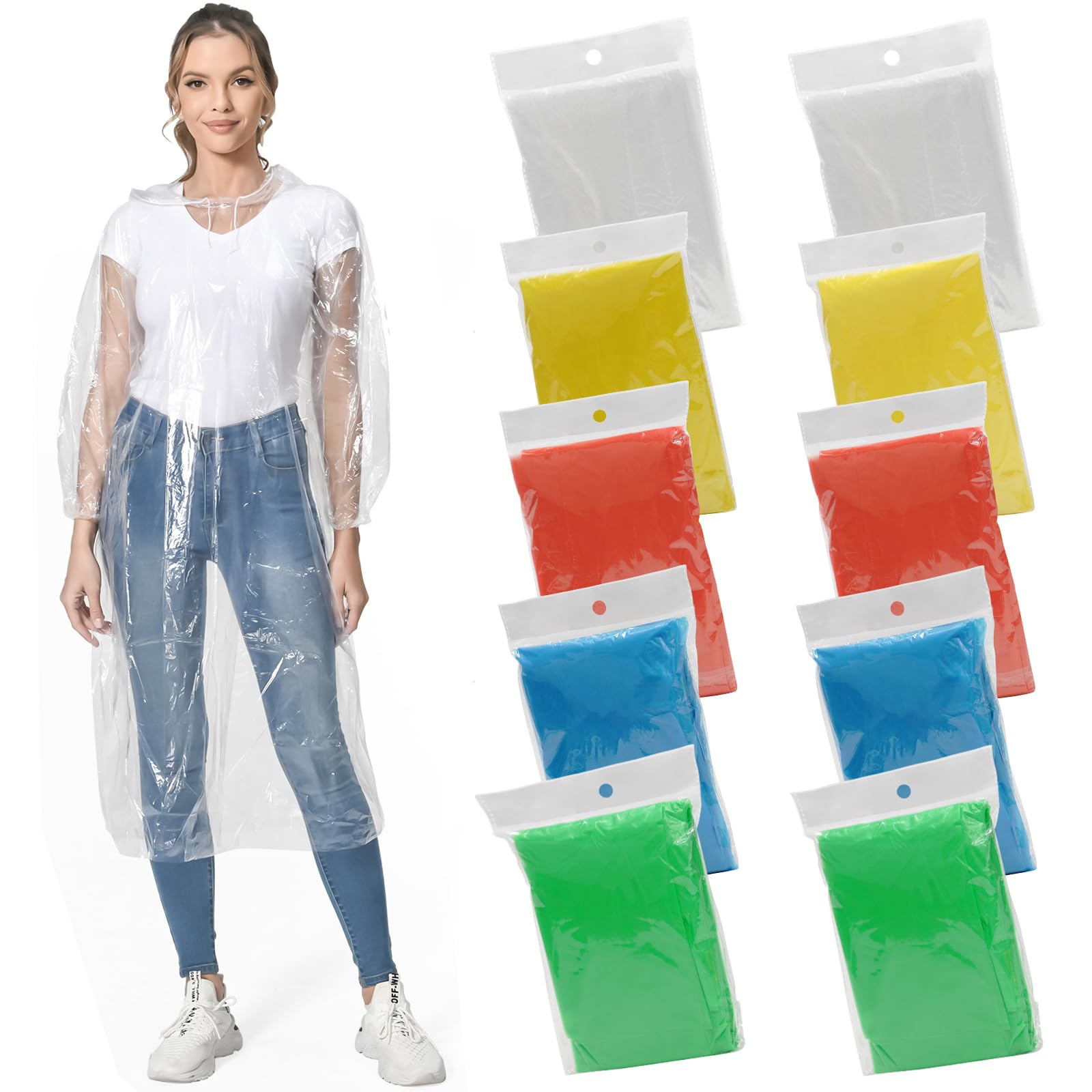 MOKANI Rain Poncho for Adults, 10 Pack Waterproof Poncho, Disposable Light Weight Rain Poncho with Drawstring Hood for Women & Men, Transparent Emergency Raincoat for Camping, Hiking, Theme Parks