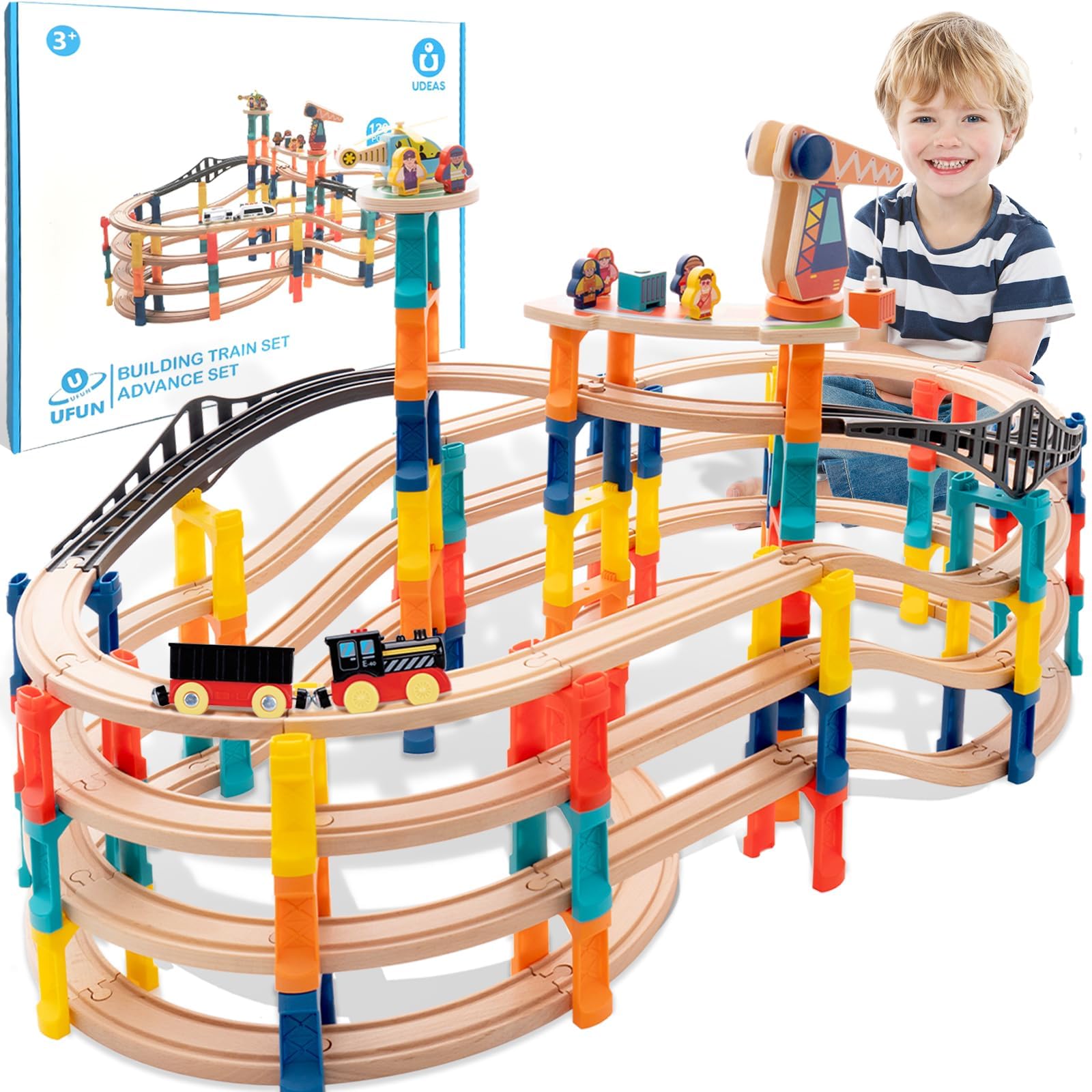 Photo 1 of 120Pcs Wooden Train Tracks Set, 398-inch Track Expansion, Toddler Railway Bridge Toy Train Set with Airplane and Magnetic Crane, Birthday Gifts for Boys and Girls, Compatible with All Major Brands
