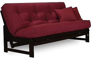 NIRVANA FUTONS Arden Dark Espresso (Near Black) Futon Set Queen Size - Armless Futon Frame with Mattress (Twill Burgundy), Space Saving Modern Sofa Bed Sleeper