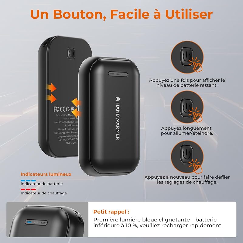 Chauffe Main Rechargeable 2 en 1 Magnetique, Batterie de 6000 mAh, 3 Niveaux de Chaleur, Chauffe-Mains avec câbles USB, pour Les activités en Extérieur et Le Froid, Cadeaux pour Femmes, Noir