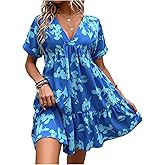 Floerns Women's Boho Floral V Neck Ruffle Dress Short Sleeve Vacation Flowy Dresses