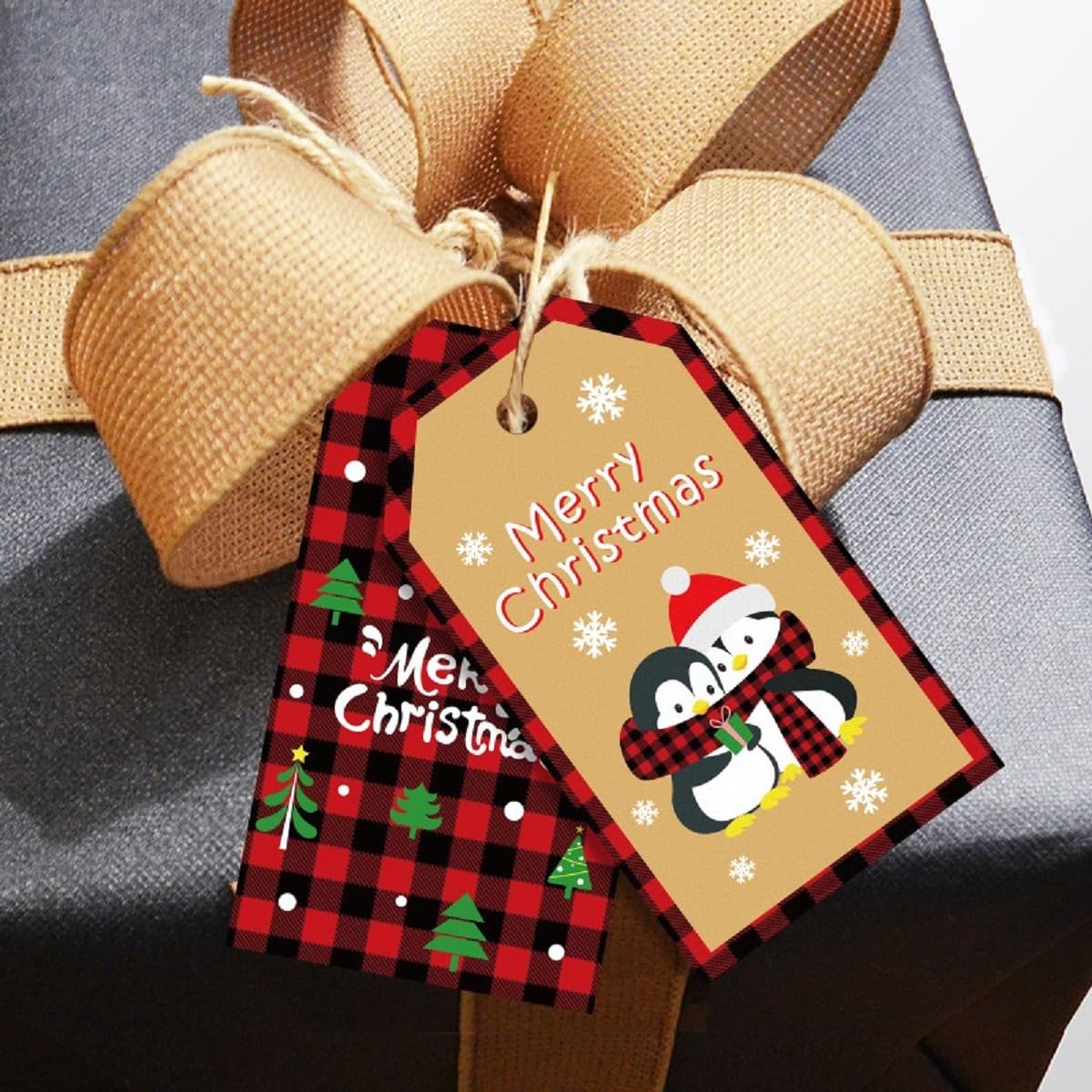 Christmas Tags 100 Pcs Set with String Tartan Design Xmas Hanging Present Craft Labels Set 15
