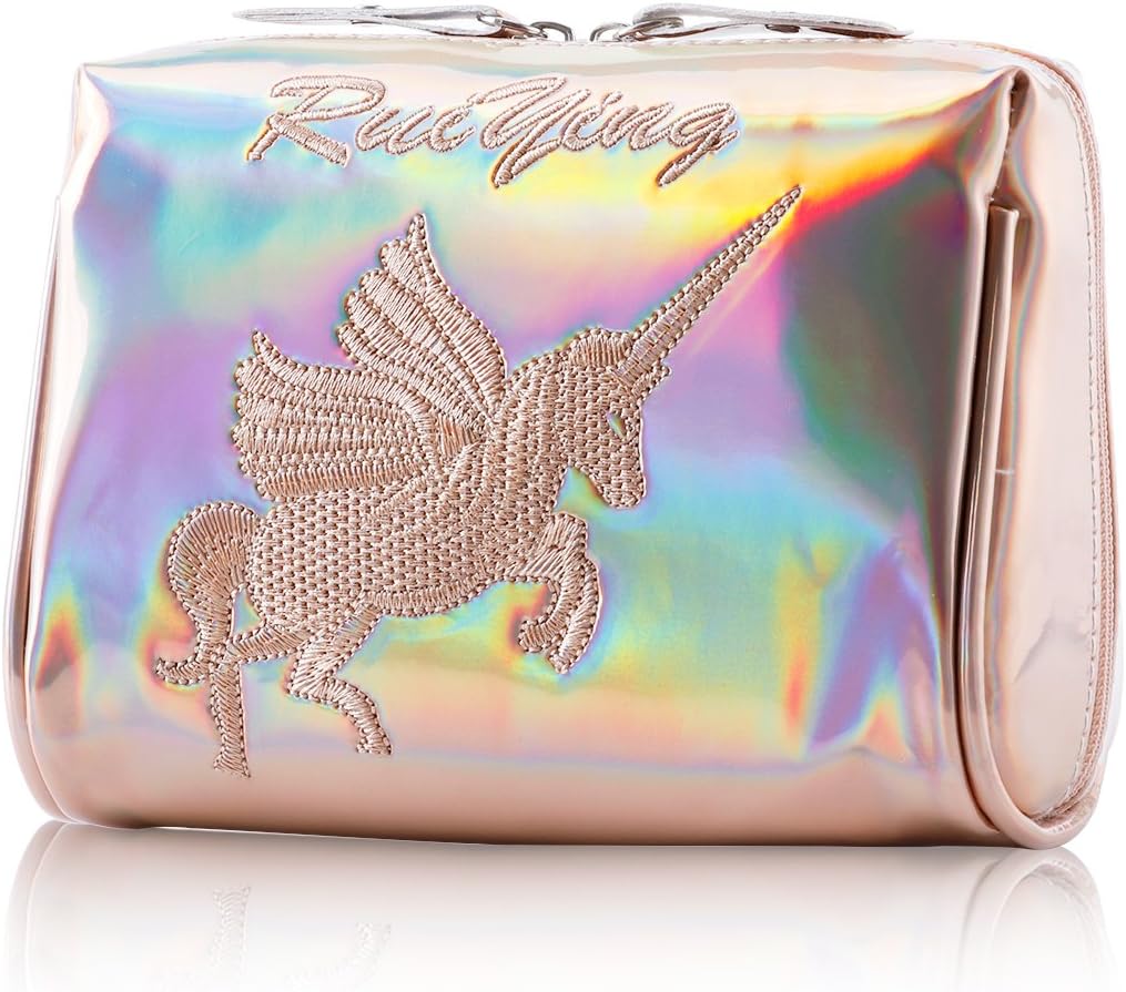 Makeup Bag Portable Zipper Handbag Embroidered Unicorn Travel Cosmetic Bag Wallet Cellphone Bag (Champagne)