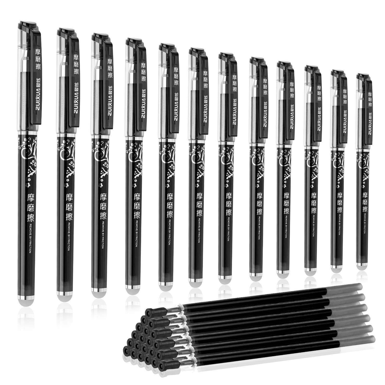 BBLIKE Erasable Pens - 12 Pcs Black Rub Out Pens and 20 Refills, 0.5mm Rubber Rollerball Pens, Pen with Eraser on the End, Handwriting Writing Pens for Adults Kids School Office Stationary
